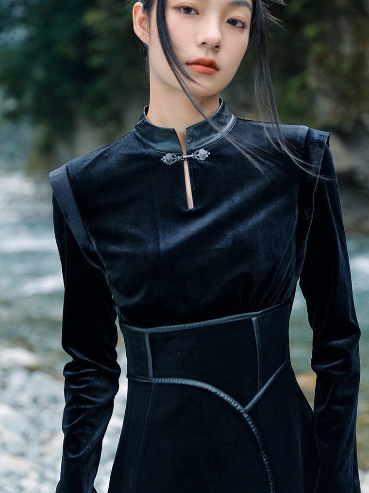 黒のお嬢様のベルベットチャイナワンピース