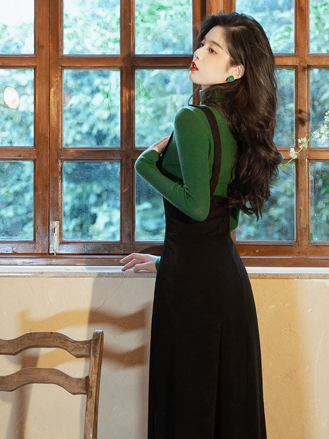 黒のお嬢様のストラップスカートとタートルネックセーター(グリーン)