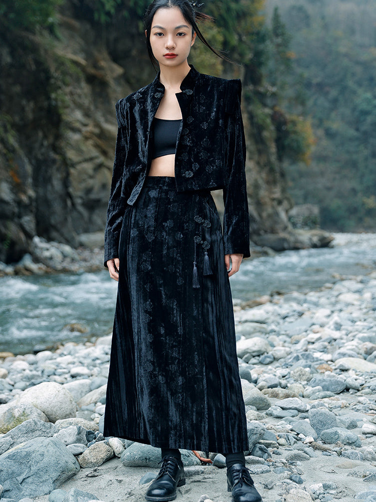 黒薔薇柄のチャイナベルベットスカート