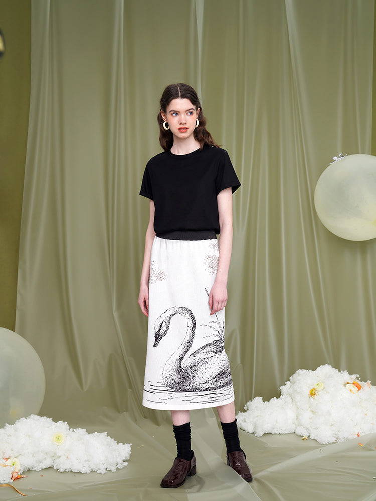 墨絵の白鳥柄スカート
