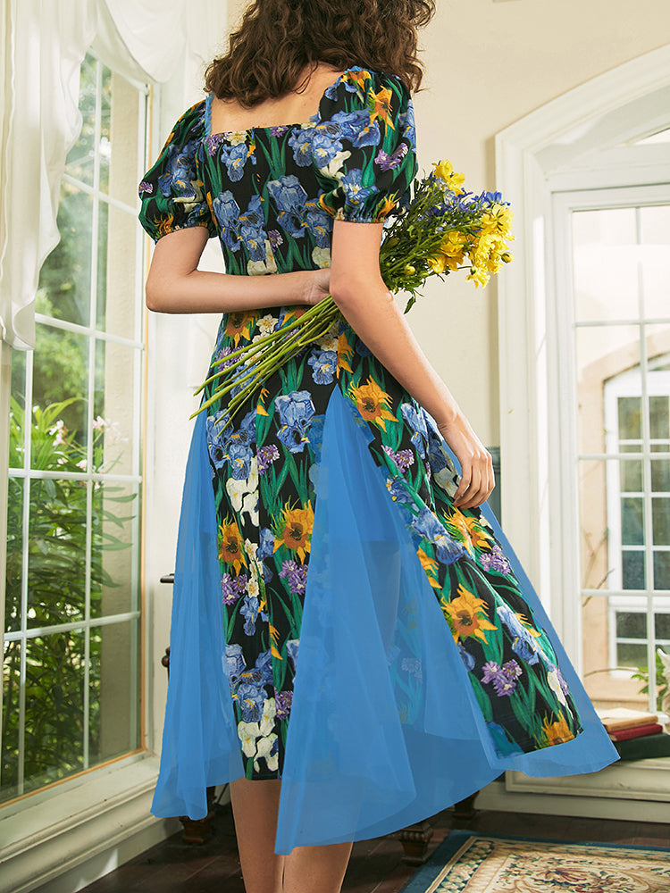 向日葵とアイリスの花群集ワンピース