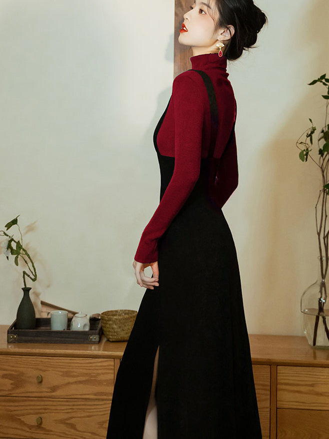 黒のお嬢様のストラップスカートとタートルネックセーター(ワインレッド)