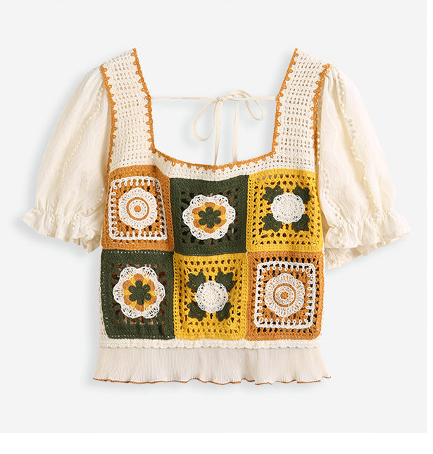 かぎ針編みの刺繍パッチワークトップス