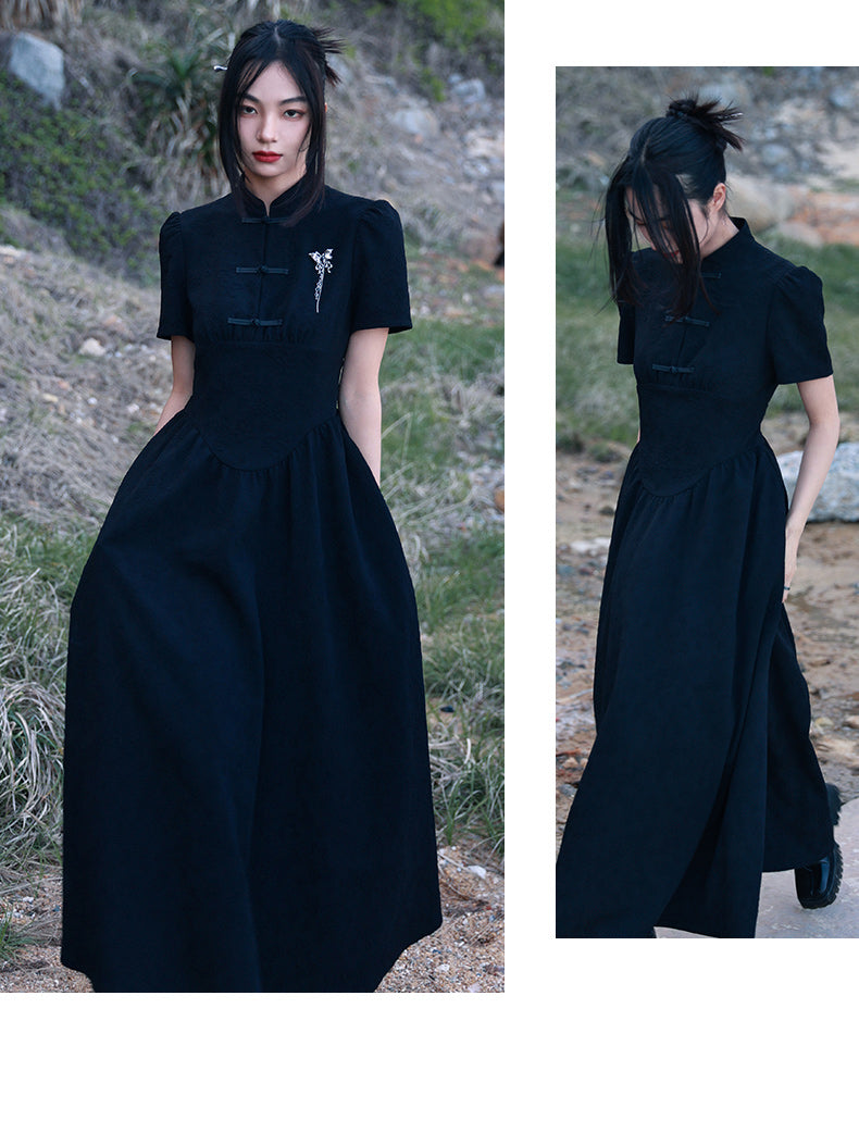 黒のお嬢様の花柄ジャガードチャイナワンピース