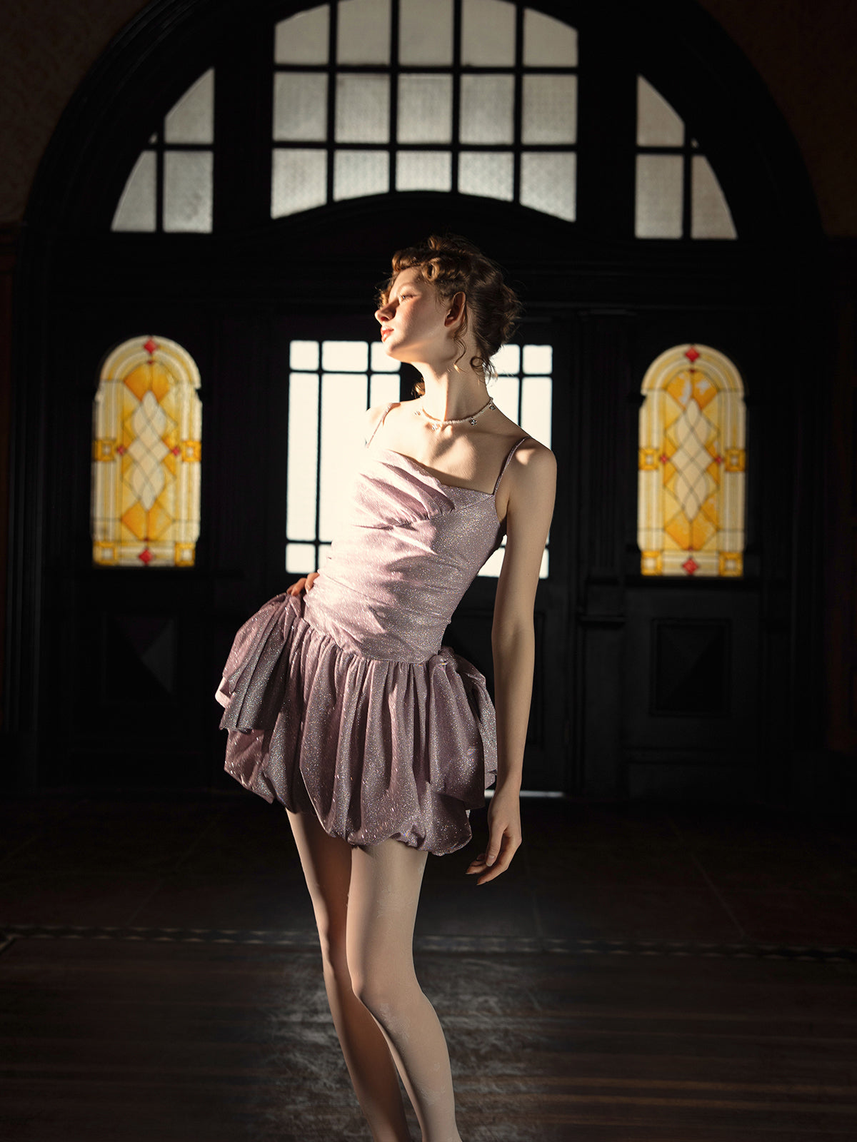 灰紫の星屑ストラップワンピース