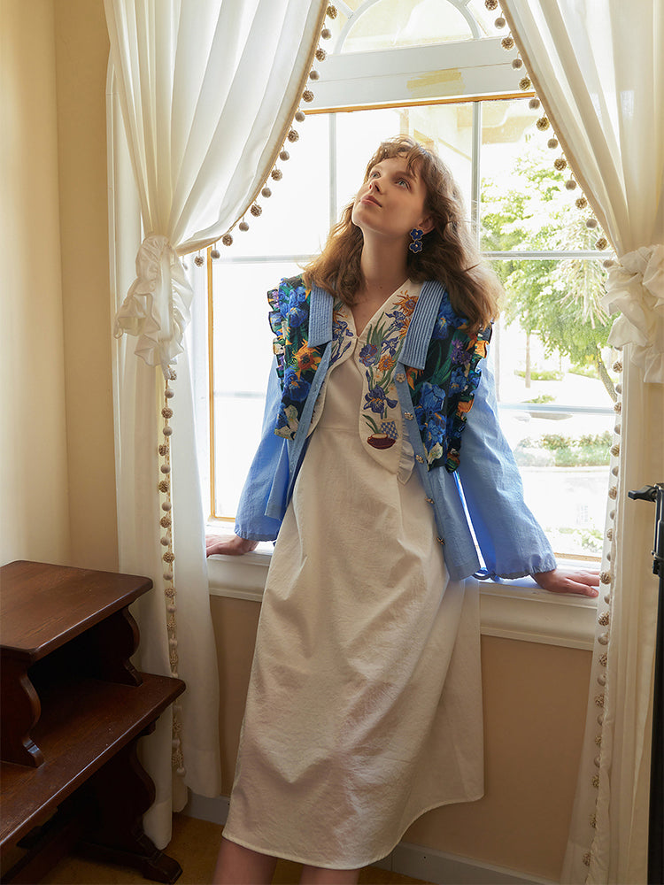 向日葵とアイリスの刺繍ワンピース