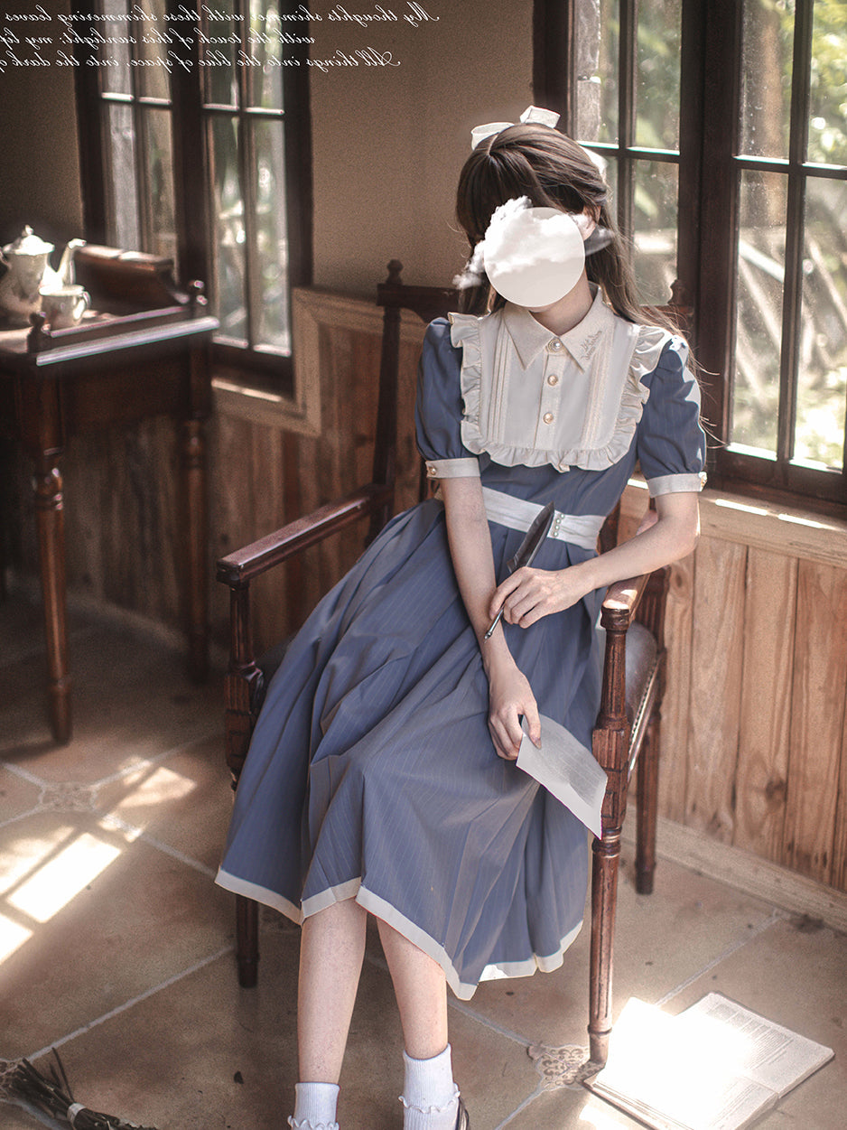 紅碧の縦縞文学クラシカルワンピース