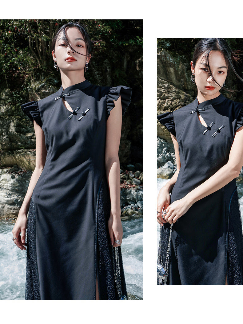 黒のお嬢様の刺繍チャイナロングワンピース