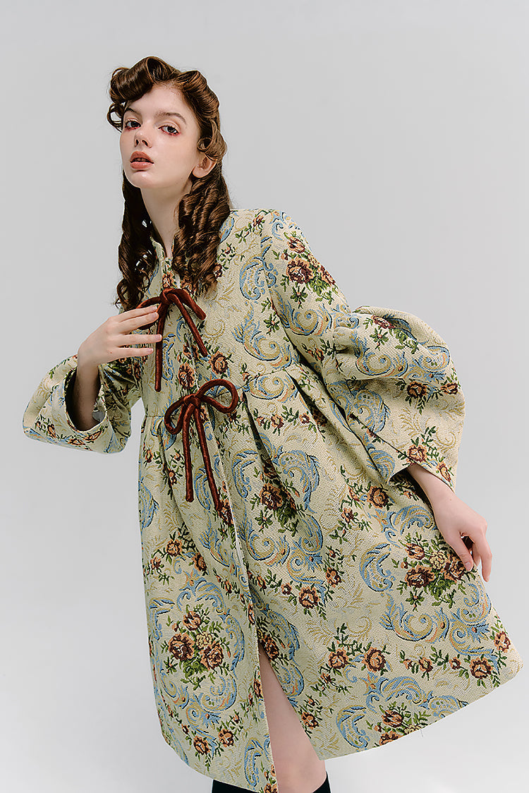 宮廷のお嬢様の花柄ジャガードコートワンピース