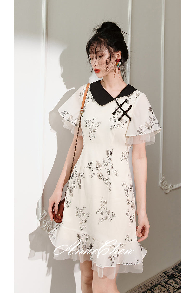 月影の水墨画チャイナワンピース