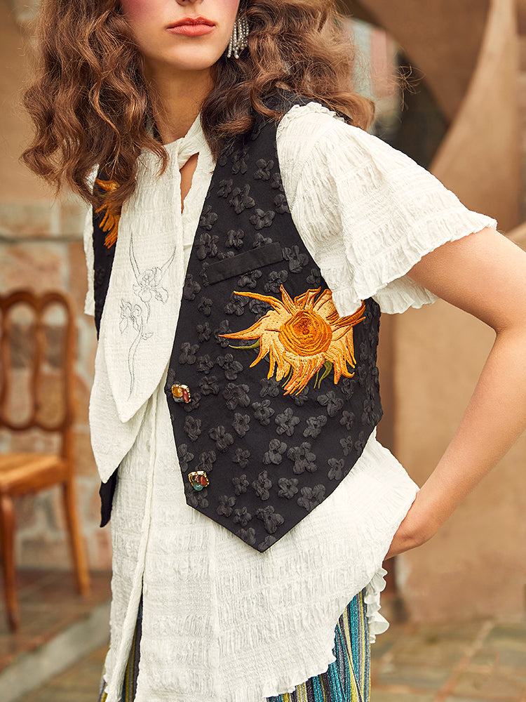 向日葵の刺繍ジャガードベスト