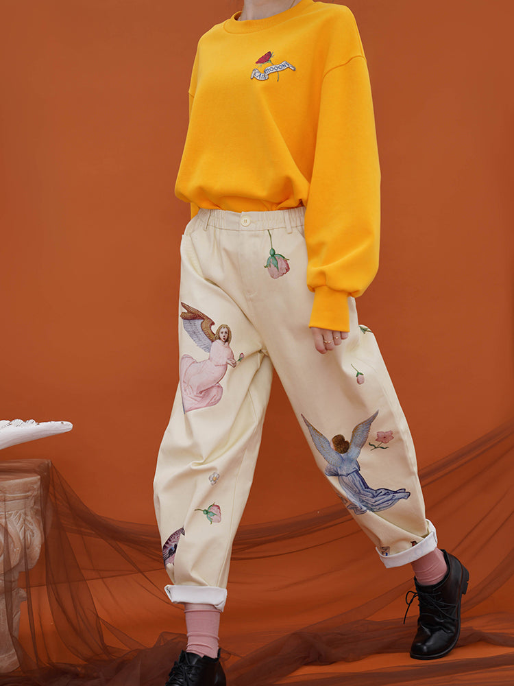 中世絵画の天使柄カジュアルパンツ - ベージュ,イエロー