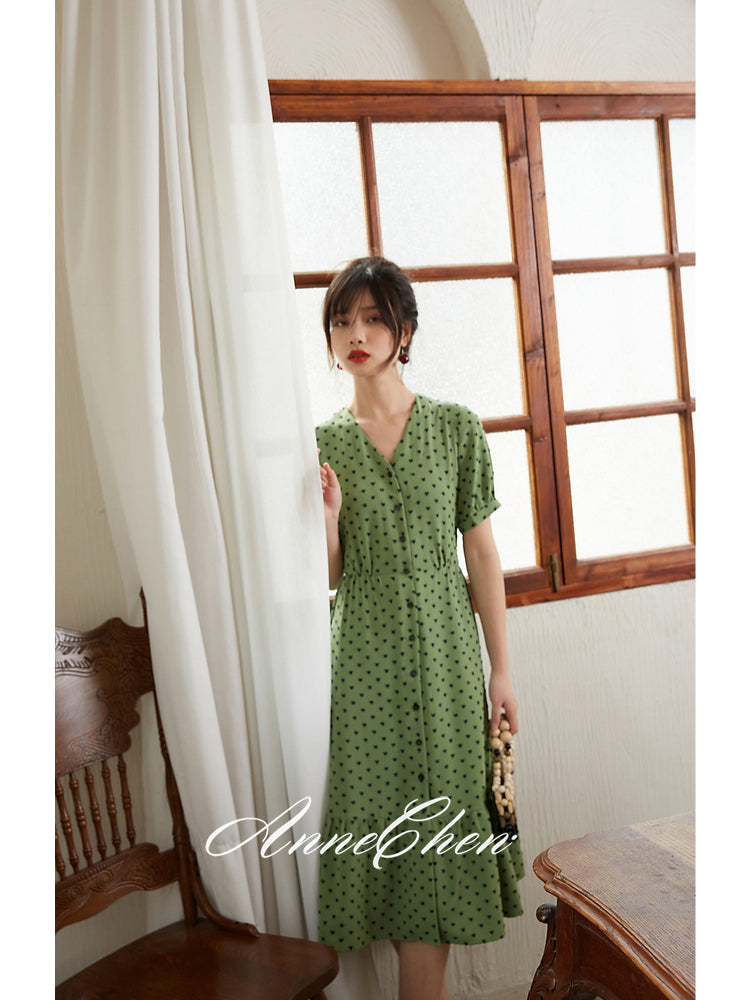 灰緑の水玉刺繍レトロワンピース