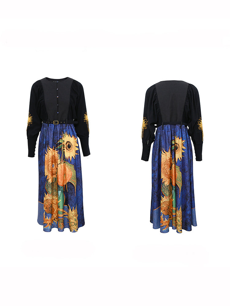 向日葵とギンセンソウのある花瓶の刺繍ワンピース