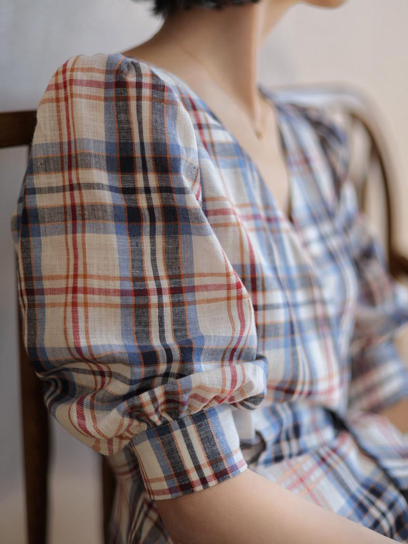 藍赤色の格子縞レトロワンピース