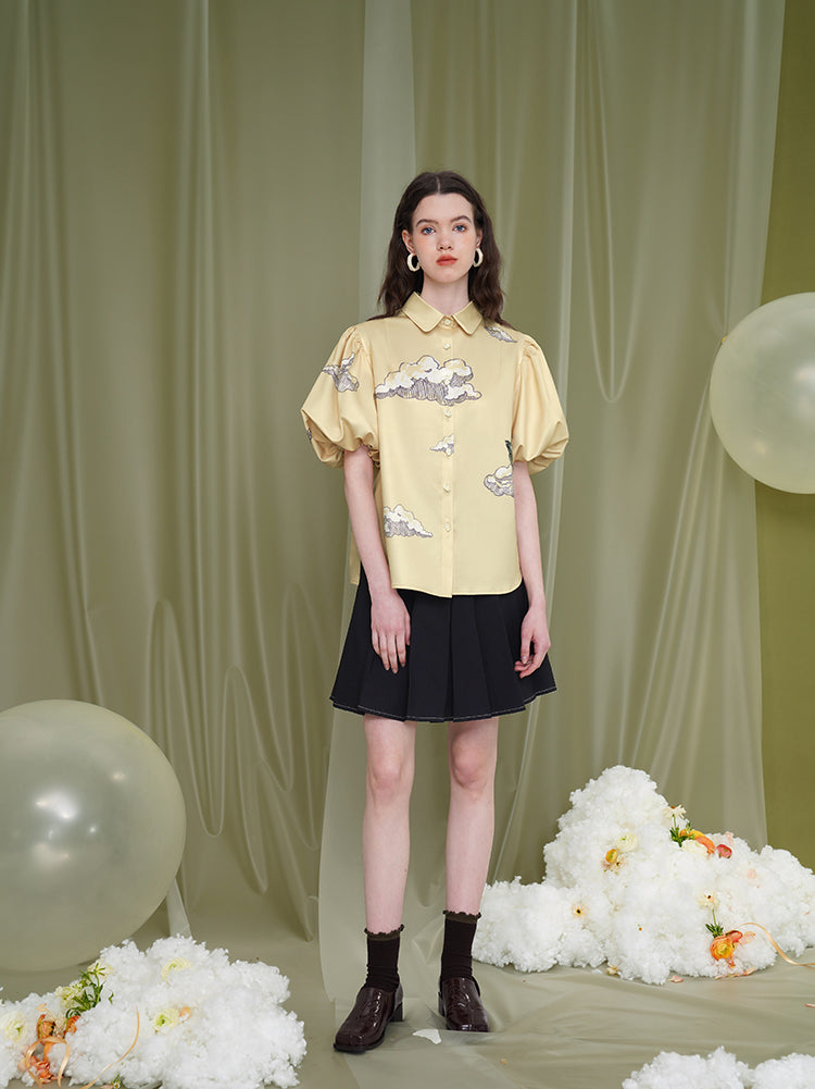 空の燕の鉛筆画スリーブブラウス