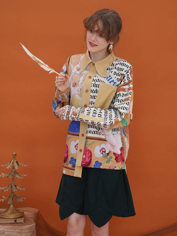 中世絵画の天使柄と文字柄ブラウス