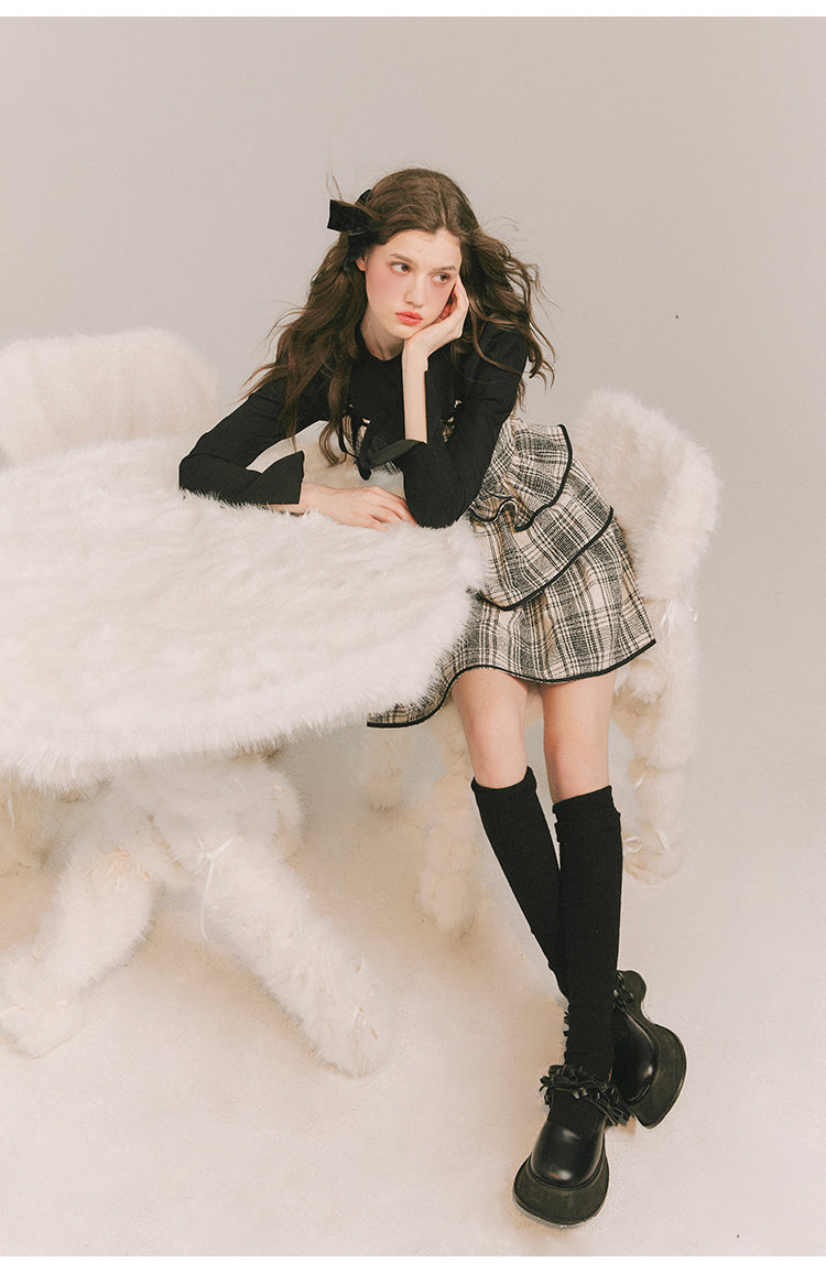 黒白の縞模様ツイードワンピース