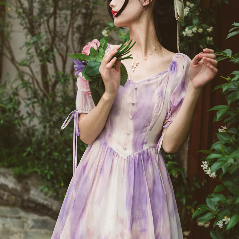 Wisteria purple bleeding pattern French retro dress remulia Wisteria purple bleeding pattern French retro dress remulia