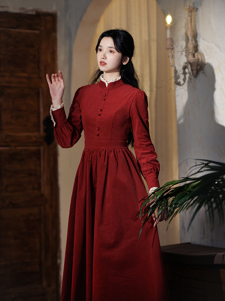 深紅のお嬢様コーデュロイワンピース