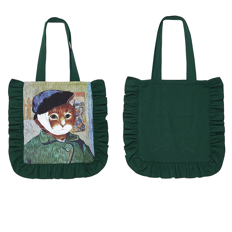 花瓶の向日葵とゴッホの自画像と包帯をした猫の自画像のトートバッグ