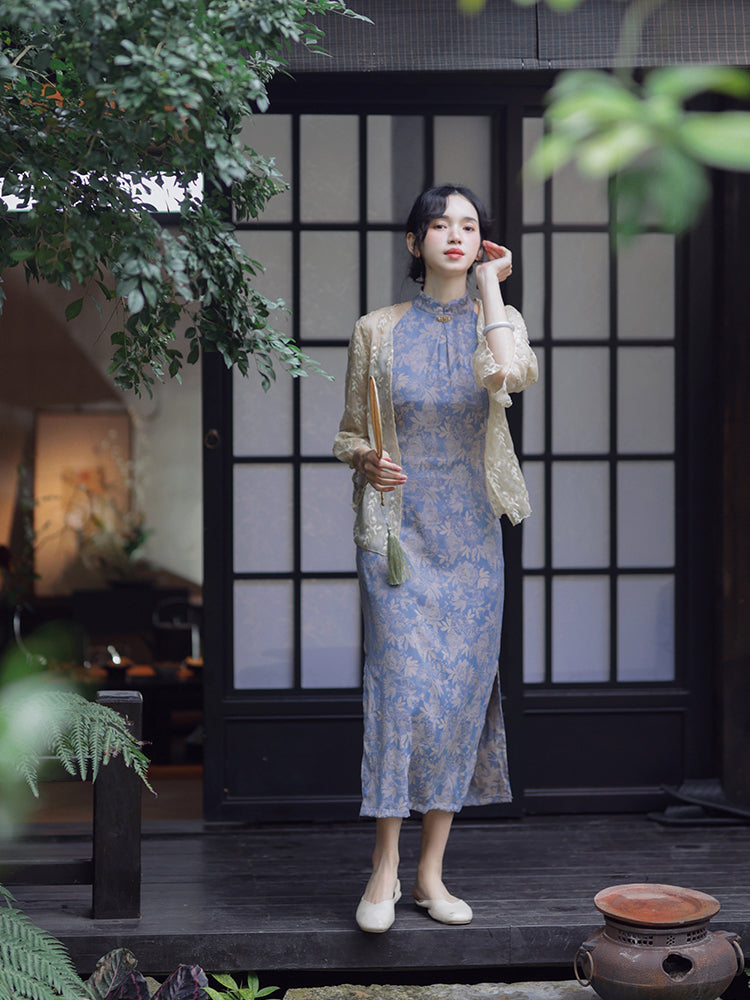 灰紫の花模様レトロチャイナワンピース