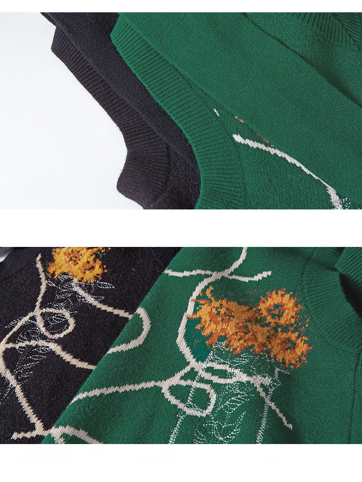 花瓶の向日葵の刺繍ニットワンピース