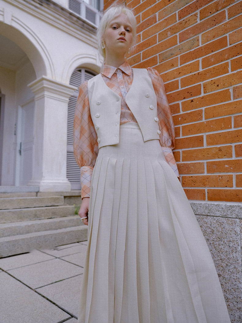 虹色珊瑚の格子柄ブラウス