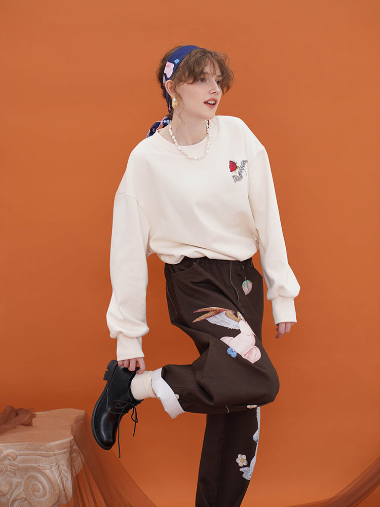 中世絵画の天使柄カジュアルパンツ - ブラウン,ピンク