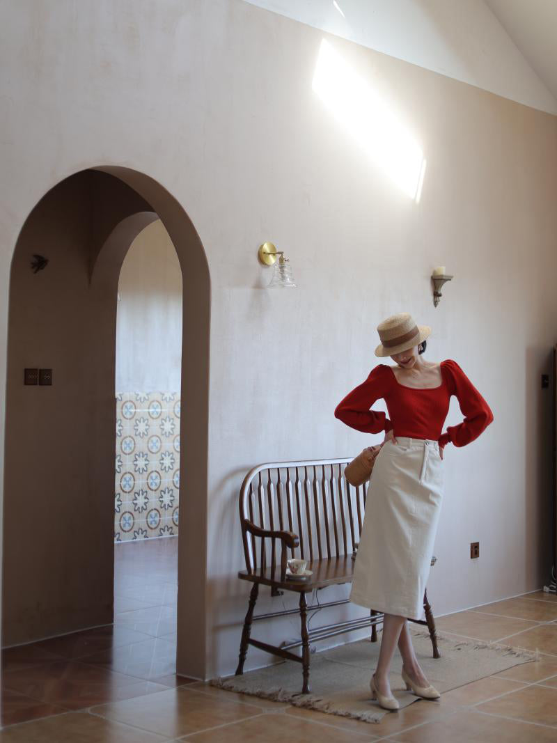 深紅の貴婦人ビショップスリーブニット