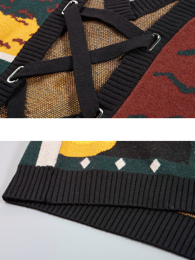 花瓶の向日葵の編み上げニットベスト