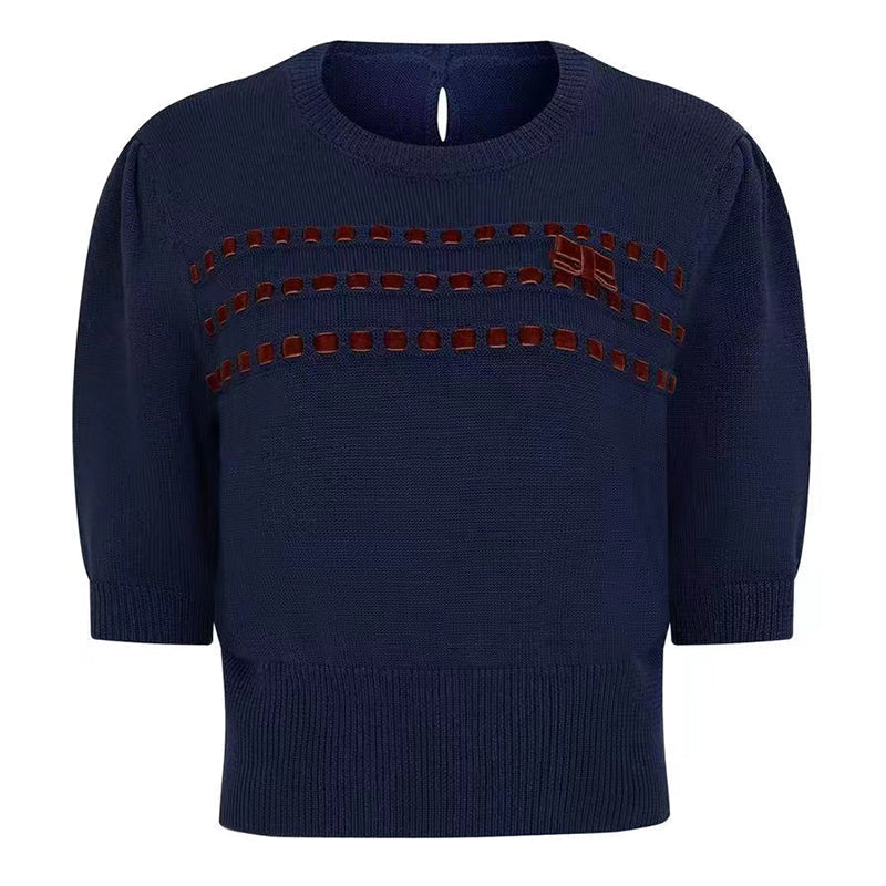 編み柄とリボンのスリムニット