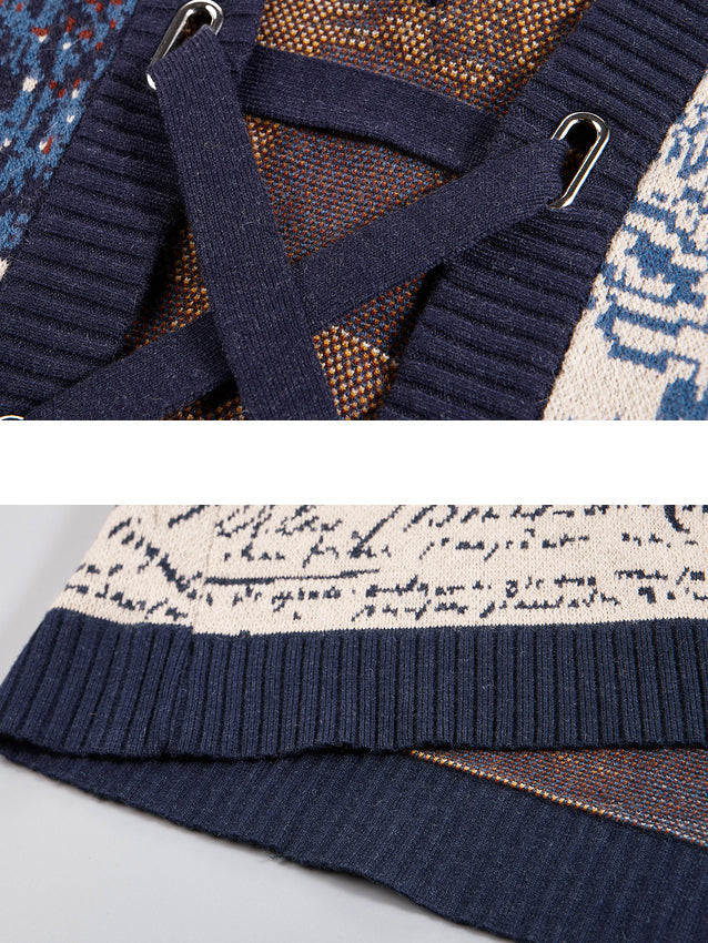 馬の石膏像と自画像の編み上げニットベスト