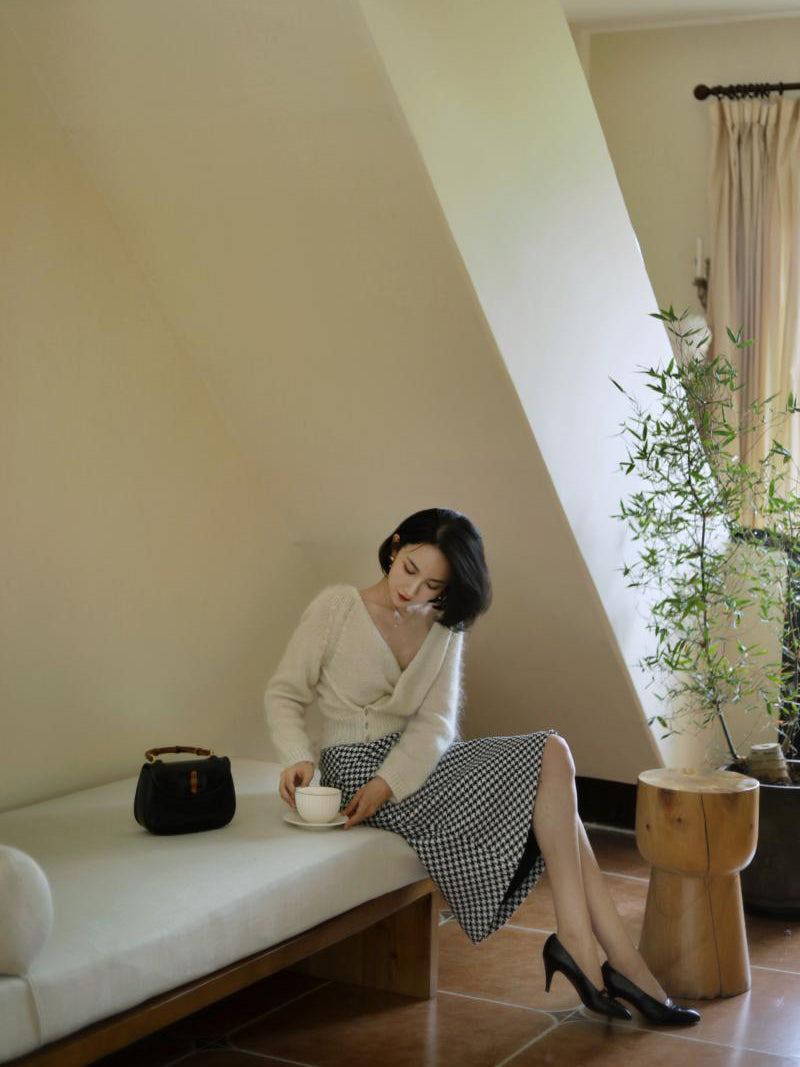 千鳥格子縞ツイードストレートスカート