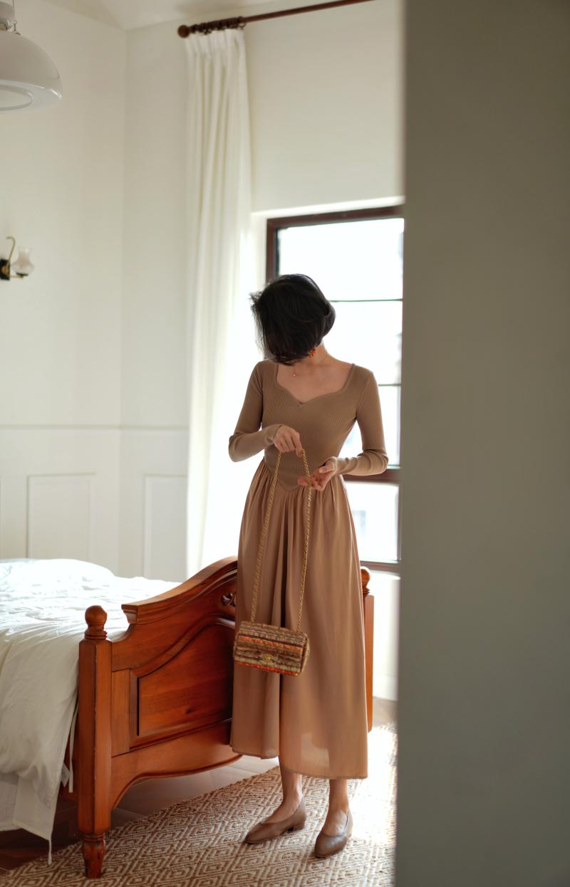 白茶色の貴婦人パッチワークワンピース