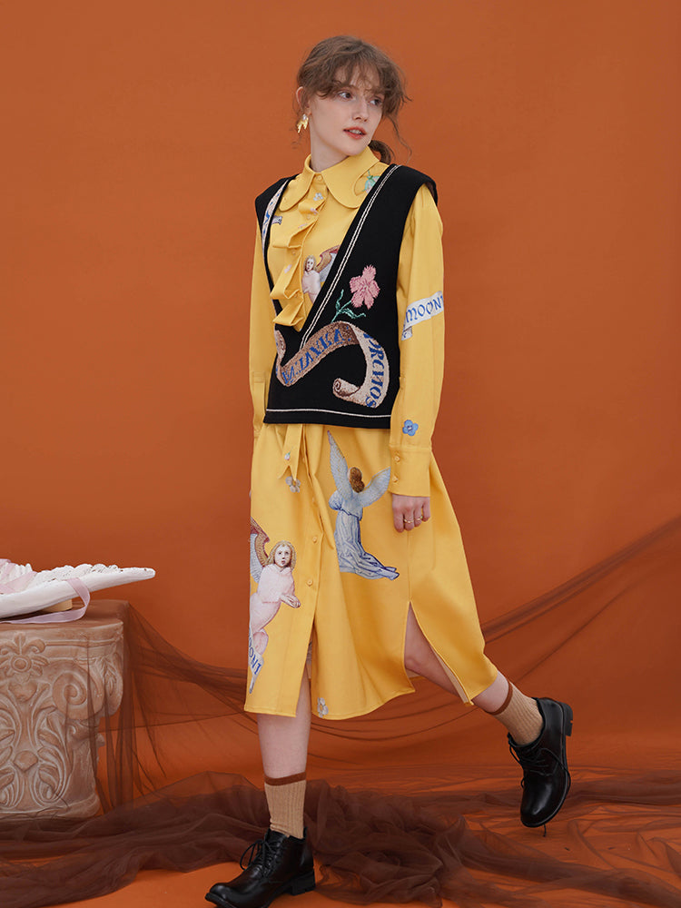 中世絵画の天使柄ロングワンピース