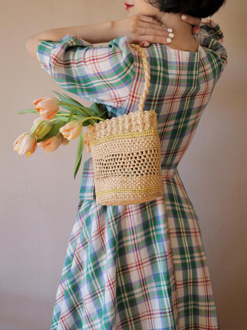 緑赤色の格子縞レトロワンピース