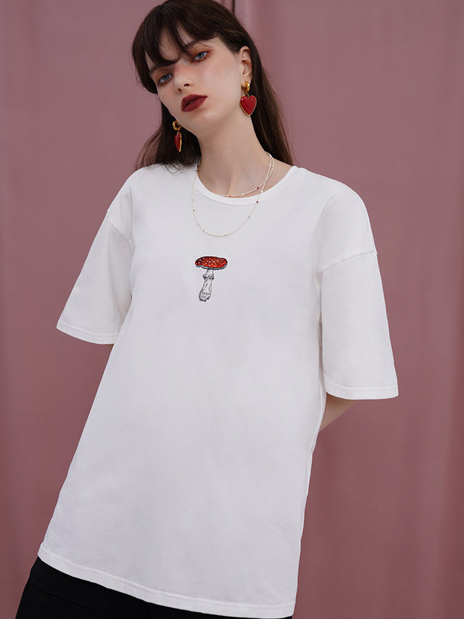 森のきのこの刺繍Tシャツ