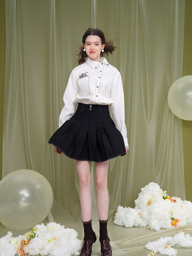 墨絵の白鳥柄アシンメトリーブラウス