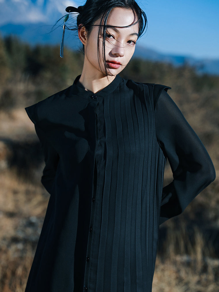 漆黒の漢詩チャイナプリーツワンピース