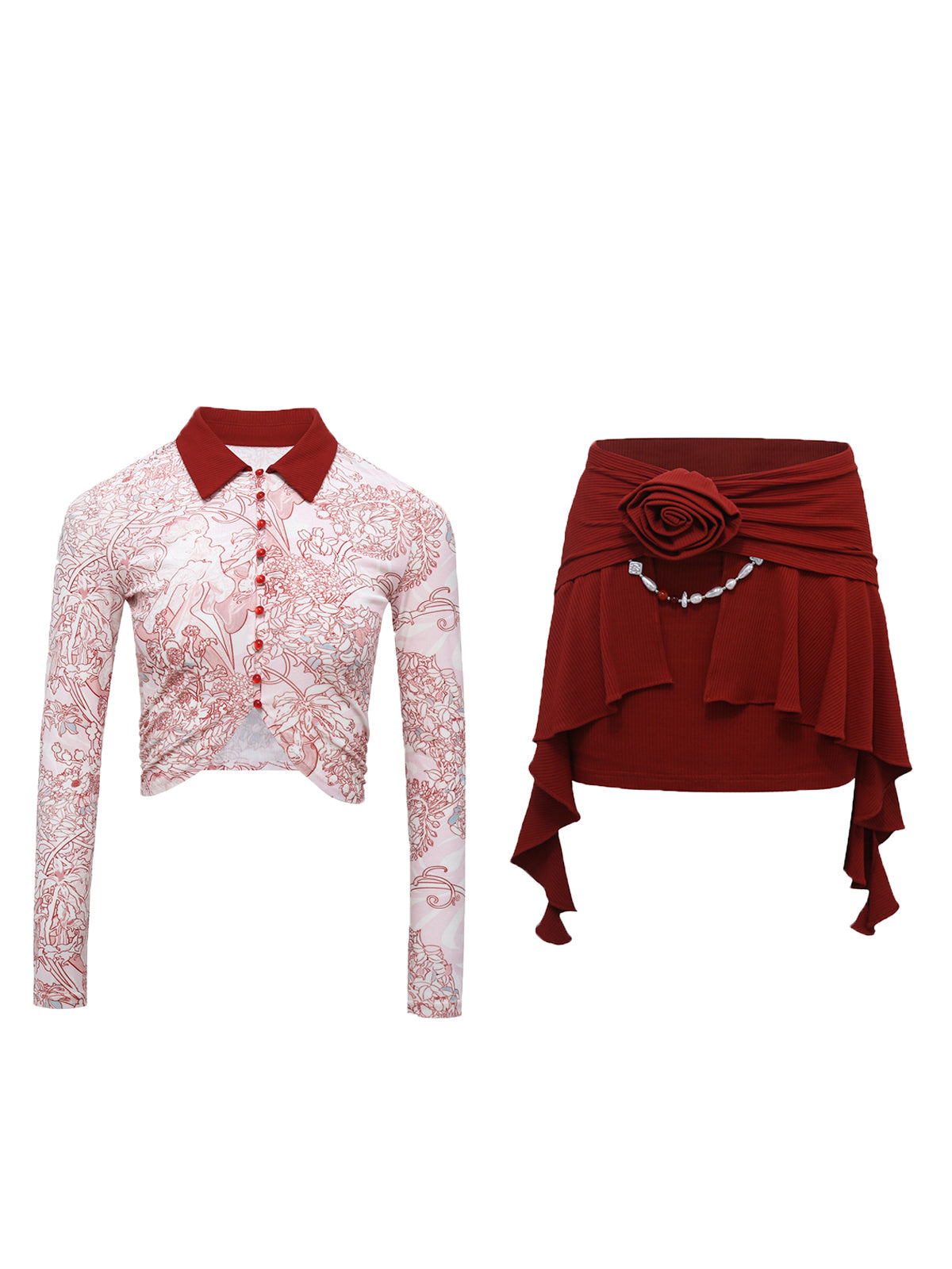 線画の植物柄ショートトップスと花びらショートスカート