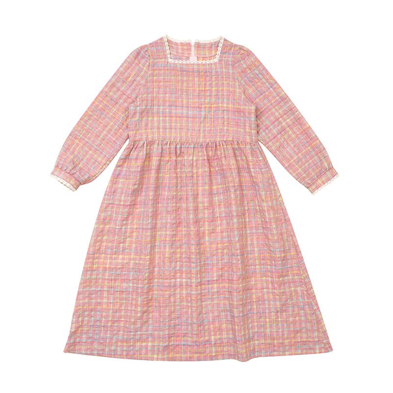Pink Bubble Check Square Collar Dress