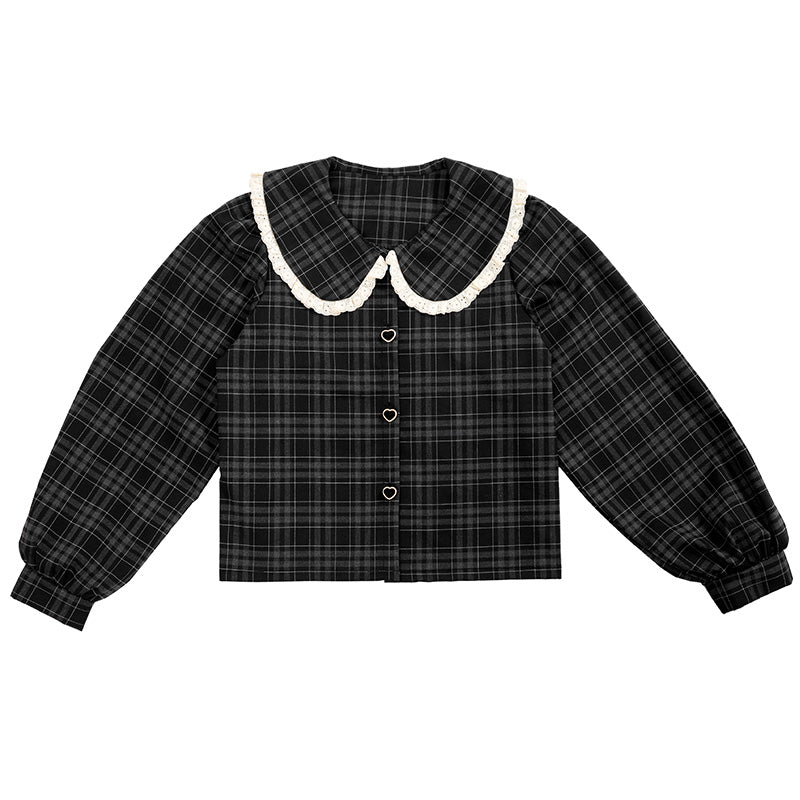 Plaid shirt long-sleeved shirt loose doll collar top