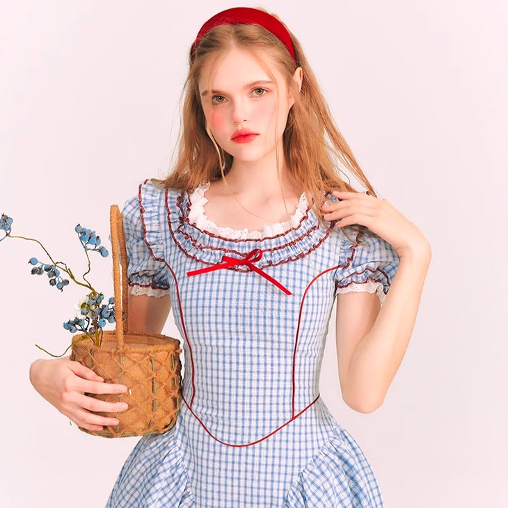 Puff Sleeves French Sweet Plaid Princess Dress