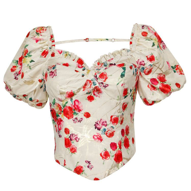 油彩画の赤花柄フレンチブラウス