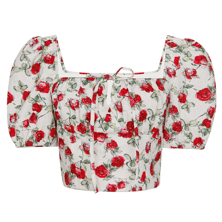 深紅の薔薇柄ジャガードブラウス