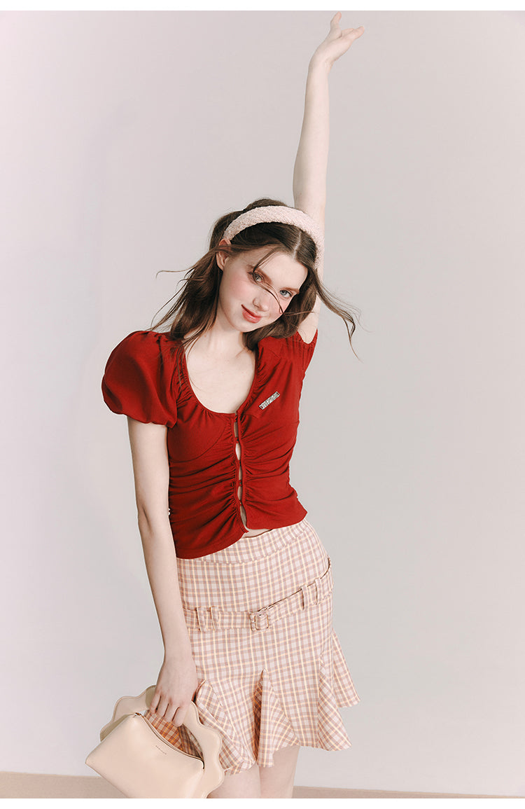 英国少女の格子柄ベルトショートスカート