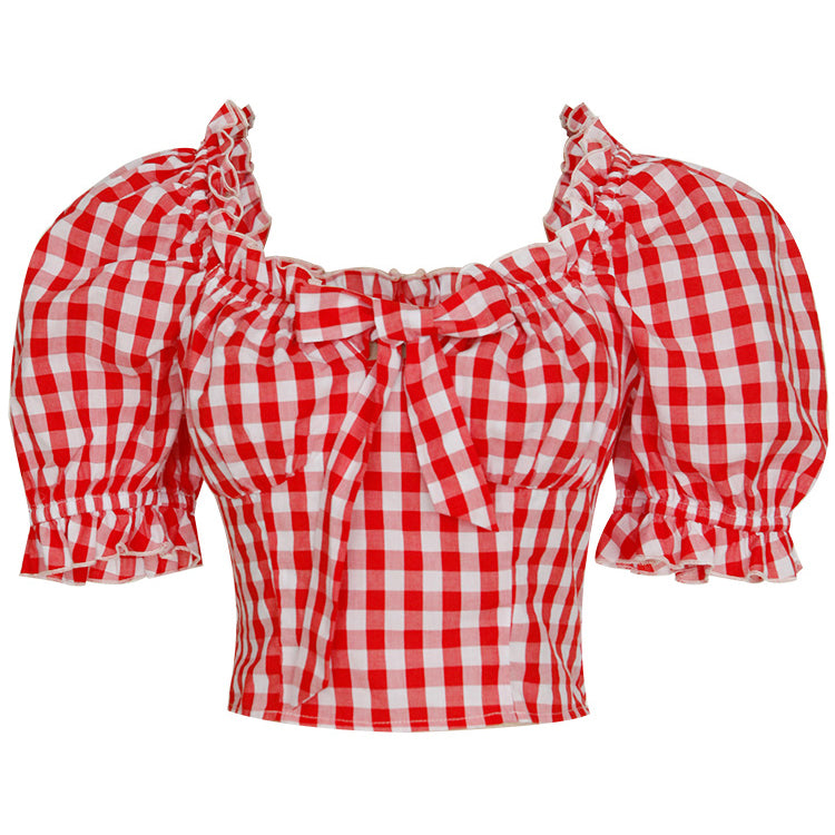 真っ赤な格子柄フレンチブラウス