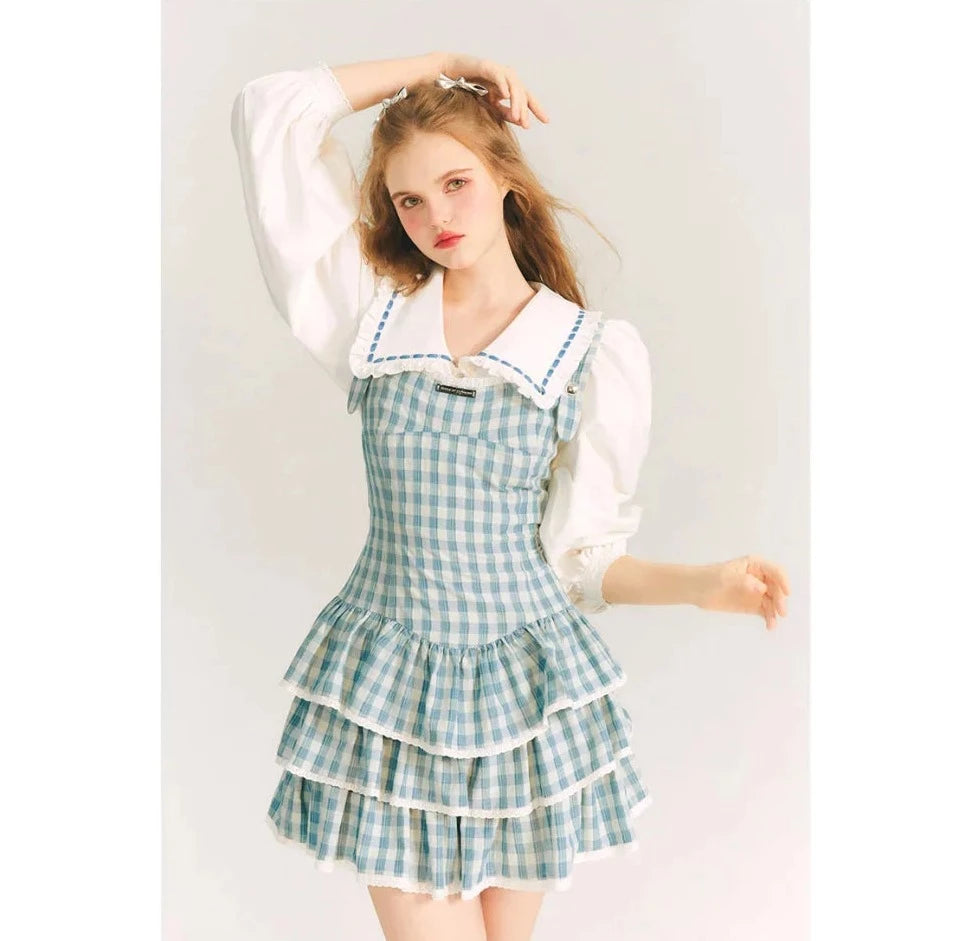 青藍の格子柄ストラップワンピース