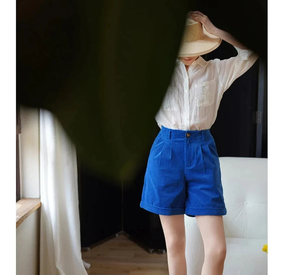 群青の瑠璃色コーデュロイバミューダパンツ